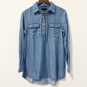 Alison Andrews Chambray Lace-up Popover Dress‎ Womens Size Small Blue Mini Boho